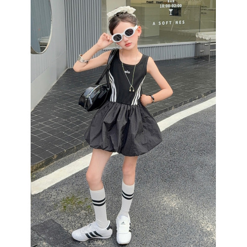 韓國女童連衣裙兒童夏裝花苞裙子2025年洋氣背心裙拉條收腰蓬蓬裙