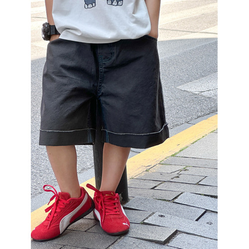 艾摩貝貝男童2025夏季新款兒童韓版復古刺綉口袋字母毛邊牛仔短褲