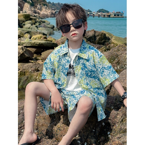 LINGLAOB男童夏裝套裝2025新款男孩港風花襯衫中小兒童裝夏兩件套