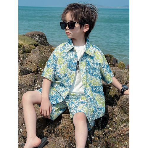LINGLAOB男童夏裝套裝2025新款男孩港風花襯衫中小兒童裝夏兩件套