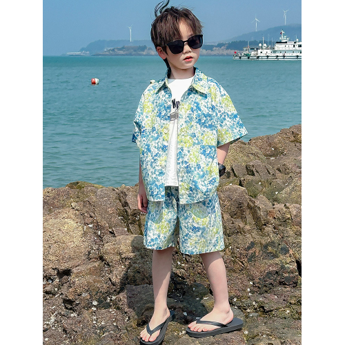 LINGLAOB男童夏裝套裝2025新款男孩港風花襯衫中小兒童裝夏兩件套