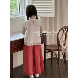 波拉韓女童夏季蕾絲襯衣2025新款兒童夏裝無袖上衣小女孩洋氣小衫