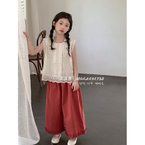 波拉韓女童夏季蕾絲襯衣2025新款兒童夏裝無袖上衣小女孩洋氣小衫