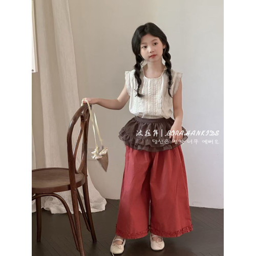 波拉韓女童夏季蕾絲襯衣2025新款兒童夏裝無袖上衣小女孩洋氣小衫