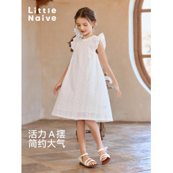 Little Naive兒童連衣裙夏季新款純棉白色裙子女童飛袖圓領背心裙