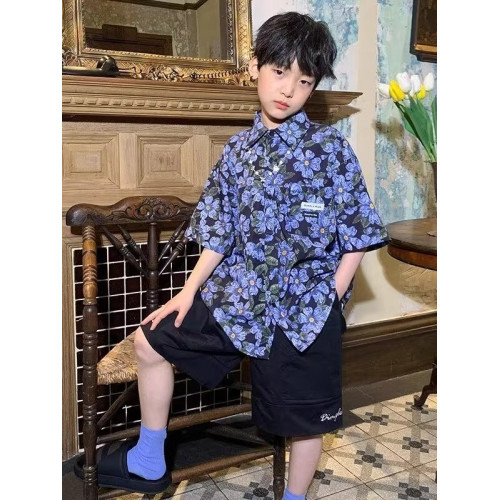 男童夏季個性襯衫時髦短褲套裝兒童痞帥港風兩件套中大童薄款夏裝
