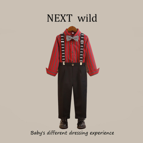 英國NEXT  wild兒童禮服男童春秋款英倫條紋長袖背帶褲套裝演出服