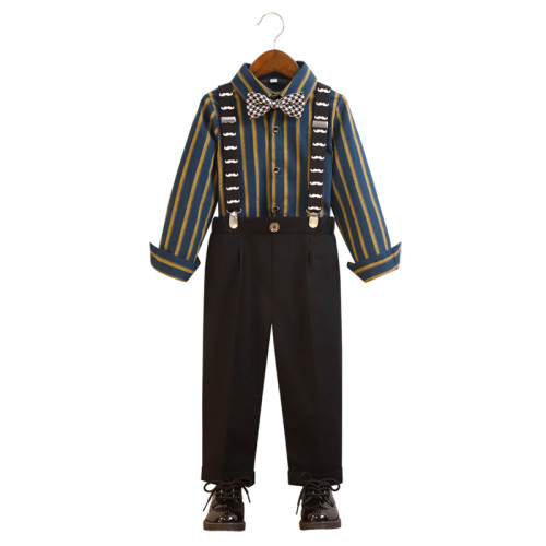 英國NEXT  wild兒童禮服男童春秋款英倫條紋長袖背帶褲套裝演出服