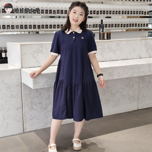胖女童連衣裙兒童夏季加肥加大碼寬松短袖公主裙學院風POLO領裙子