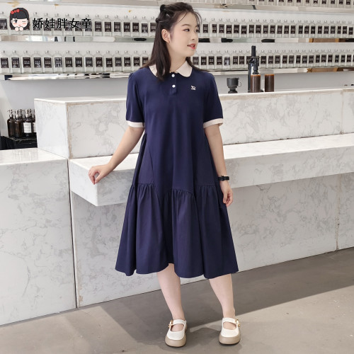 胖女童連衣裙兒童夏季加肥加大碼寬松短袖公主裙學院風POLO領裙子