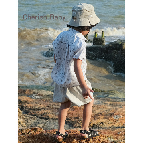 Cherish Baby童裝春夏襯衫原創字母印花翻領短袖寬松男童兒童