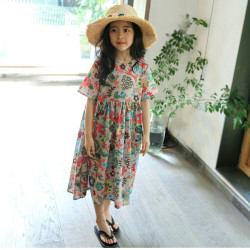 女童連衣裙2025夏裝韓版洋氣女大童棉麻中長款小碎花裙子夏薄款潮