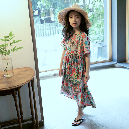 女童連衣裙2025夏裝韓版洋氣女大童棉麻中長款小碎花裙子夏薄款潮