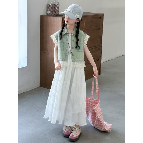 女童連衣裙套裝春秋兒童春夏季馬甲大童白色裙子兩件套女孩親子裝