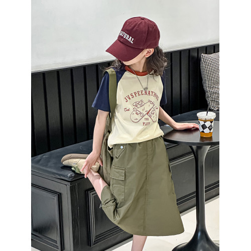 波拉韓童裝女童拼色短袖t恤2025夏季兒童插肩袖T恤小女孩圓領上衣