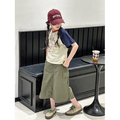 波拉韓童裝女童拼色短袖t恤2025夏季兒童插肩袖T恤小女孩圓領上衣