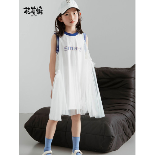 大童女童網紗連衣裙簡約夏裝兒童無袖裙子小女孩紗裙童裝背心裙新