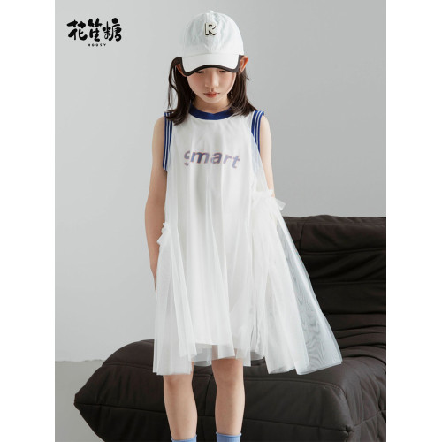 大童女童網紗連衣裙簡約夏裝兒童無袖裙子小女孩紗裙童裝背心裙新