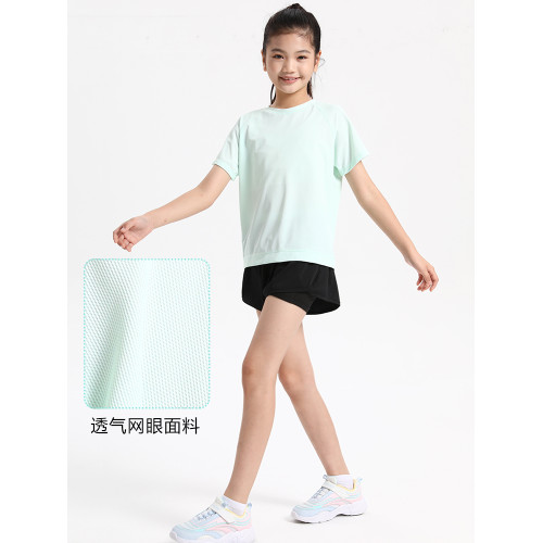 萌格格女童網眼速乾衣 瑜伽上衣運動短袖T恤快乾後背開叉透氣
