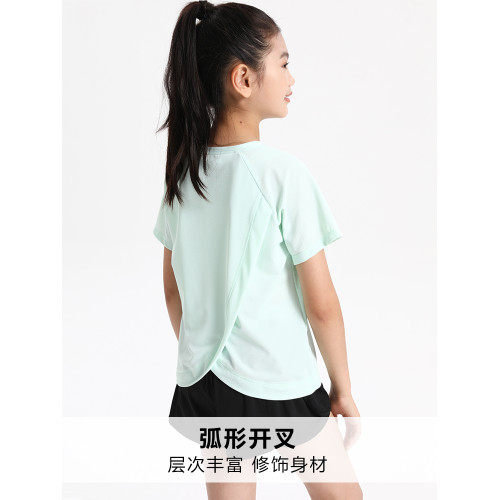 萌格格女童網眼速乾衣 瑜伽上衣運動短袖T恤快乾後背開叉透氣