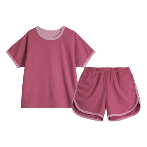 洋氣童裝2025新款夏裝中童女紫色套裝短袖T恤撞色男童運動服裝785