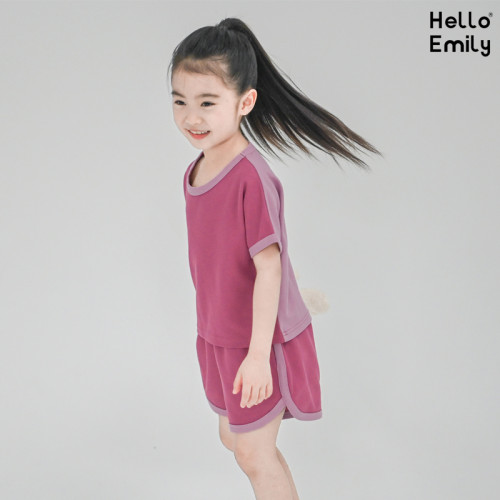 洋氣童裝2025新款夏裝中童女紫色套裝短袖T恤撞色男童運動服裝785