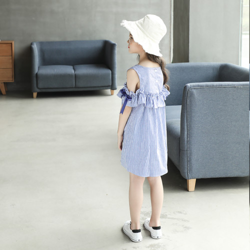 女童條紋連衣裙2025夏裝新款中大童韓版洋氣時尚吊帶露肩裙子網紅
