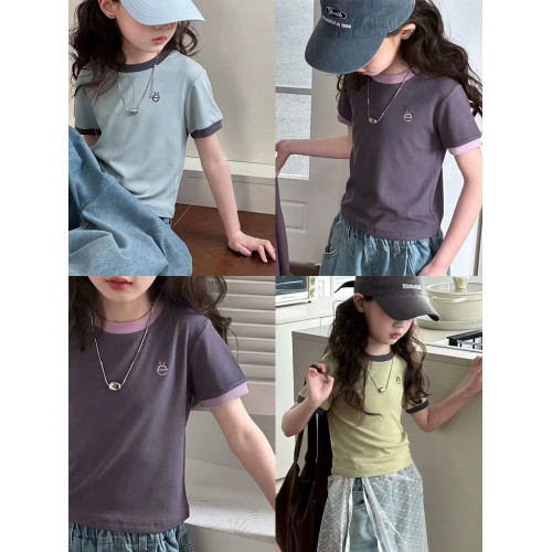 女童短款T恤2025夏新款中大童螺紋修身小t女孩子刺綉百搭短袖童裝