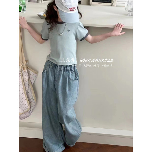 女童短款T恤2025夏新款中大童螺紋修身小t女孩子刺綉百搭短袖童裝