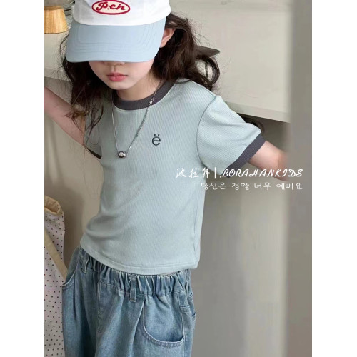 女童短款T恤2025夏新款中大童螺紋修身小t女孩子刺綉百搭短袖童裝