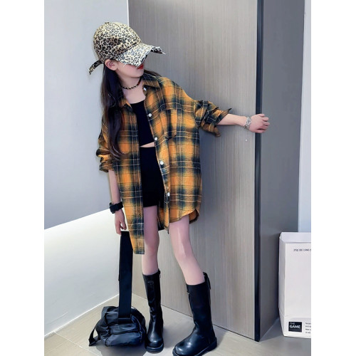 女童襯衫長袖春秋2025新款洋氣兒童上衣春裝女孩大童格子襯衣外套