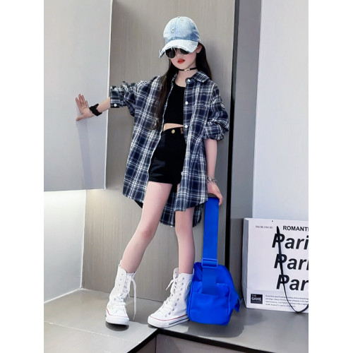 女童襯衫長袖春秋2025新款洋氣兒童上衣春裝女孩大童格子襯衣外套