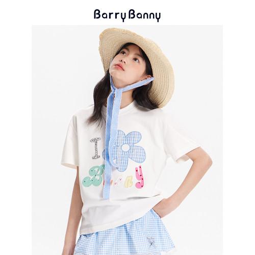 BarryBanny女大童T恤2025夏季新款女孩半袖圓領短袖兒童寬松上衣