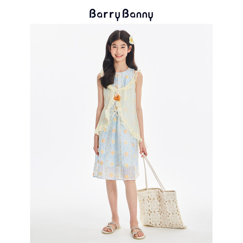 BarryBanny女童萊賽爾連衣裙夏季度假背心裙甜美曡穿沙灘風長裙