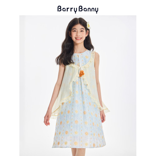 BarryBanny女童萊賽爾連衣裙夏季度假背心裙甜美曡穿沙灘風長裙