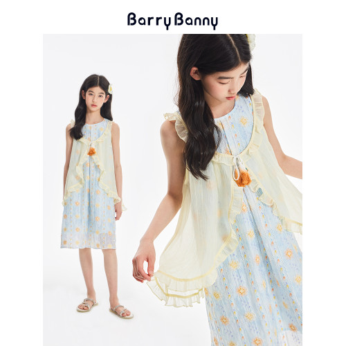 BarryBanny女童萊賽爾連衣裙夏季度假背心裙甜美曡穿沙灘風長裙