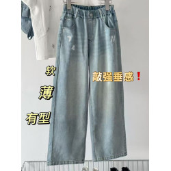 波拉韓女童褲子夏季兒童薄款牛仔褲2025中大童直筒褲柔軟休閒長褲