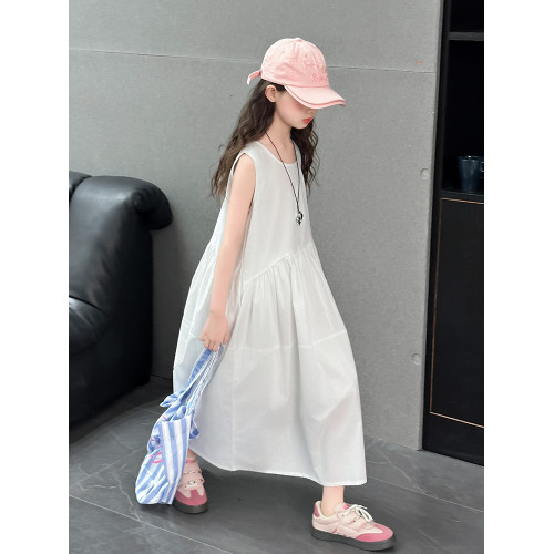女童白色無袖連衣裙夏裝裙子2025新款夏季兒童背心裙寬松度假長裙