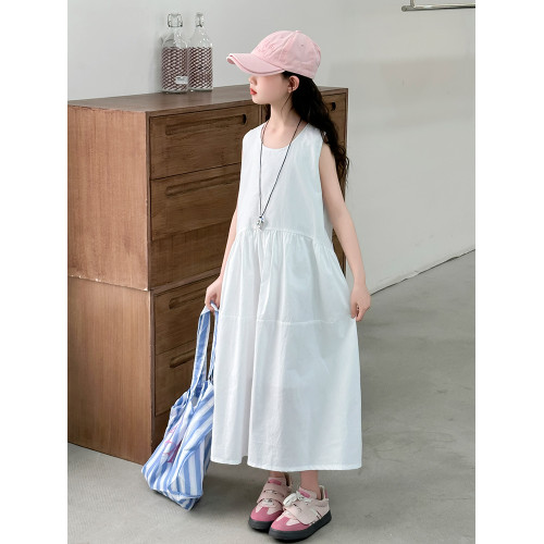 女童白色無袖連衣裙夏裝裙子2025新款夏季兒童背心裙寬松度假長裙