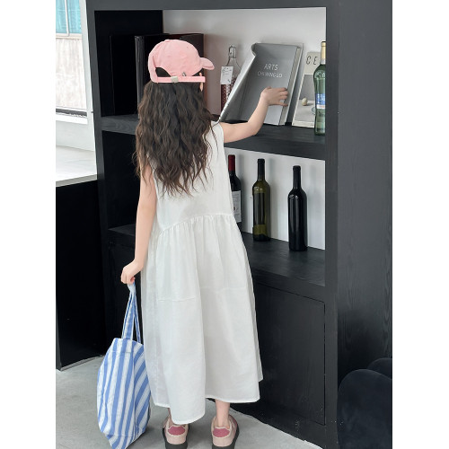 女童白色無袖連衣裙夏裝裙子2025新款夏季兒童背心裙寬松度假長裙