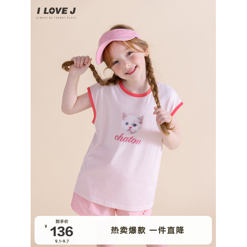 ILOVEJ韓國童裝2025夏季女童小貓莫代爾無袖T恤透氣上衣/JXUTO12