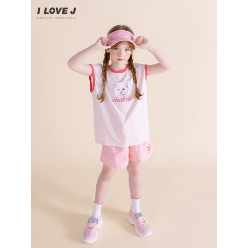ILOVEJ韓國童裝2025夏季女童小貓莫代爾無袖T恤透氣上衣/JXUTO12
