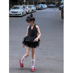 吉小可2025夏季新款女童掛脖上衣中大童波點吊帶港風復古紗裙套裝