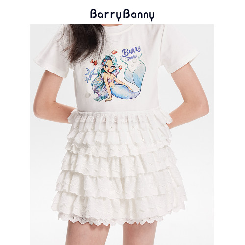 BarryBanny女童花邊蛋糕半身裙2025夏季新款兒童A字蓬蓬白色短裙