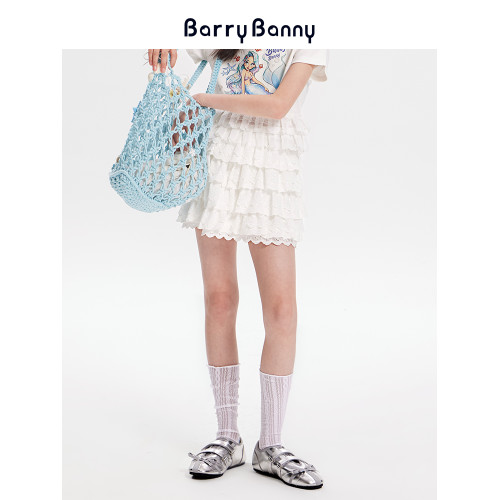 BarryBanny女童花邊蛋糕半身裙2025夏季新款兒童A字蓬蓬白色短裙
