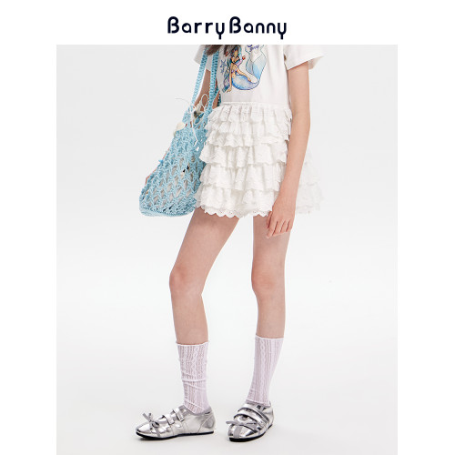 BarryBanny女童花邊蛋糕半身裙2025夏季新款兒童A字蓬蓬白色短裙