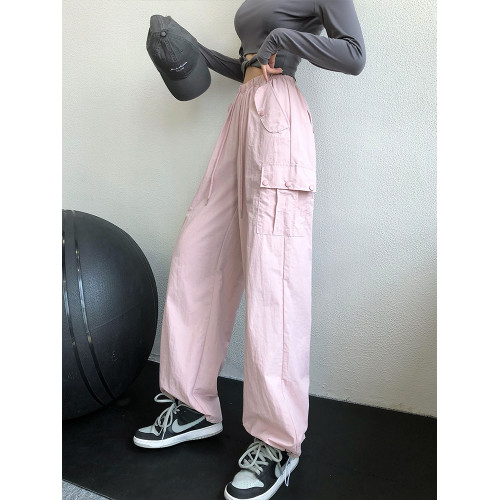 annerun工裝褲女高腰濶腿褲寬松休閒顯高顯瘦辣妹速乾美式運動褲