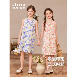 Little Naive女童A字連衣裙夏季純棉背心裙兒童荷葉邊浪漫碎花裙