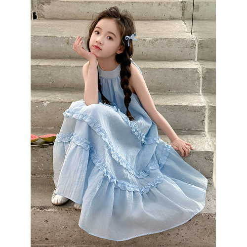 女童無袖連衣裙夏季2025新款兒童藍色公主裙韓版背心裙高級感裙子