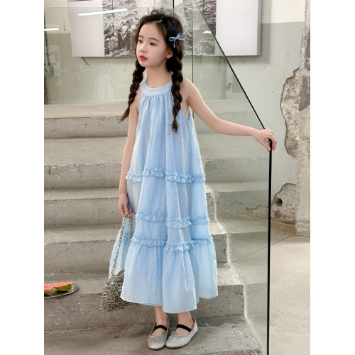 女童無袖連衣裙夏季2025新款兒童藍色公主裙韓版背心裙高級感裙子